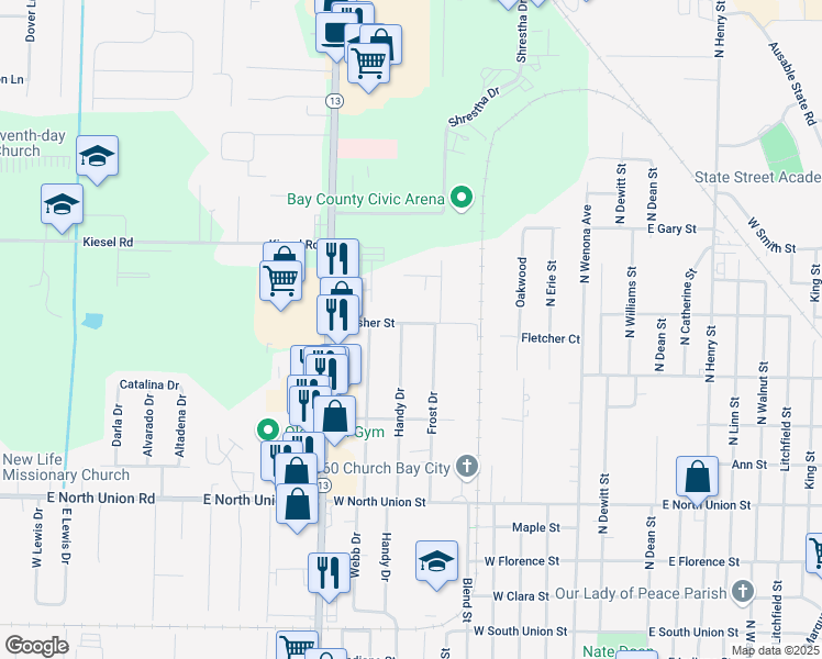 map of restaurants, bars, coffee shops, grocery stores, and more near 1805 Mosher Street in Bay City