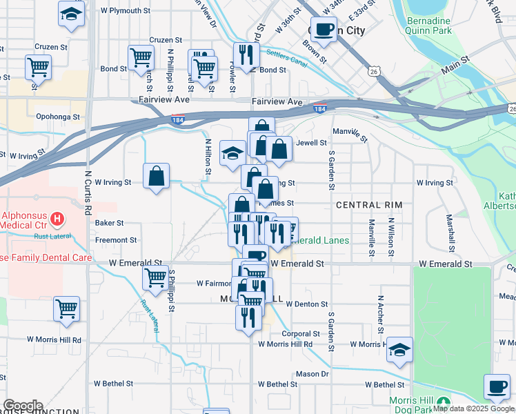 map of restaurants, bars, coffee shops, grocery stores, and more near 4910 West Gage Street in Boise