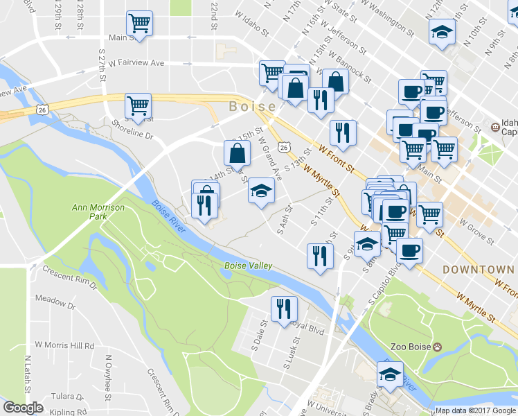map of restaurants, bars, coffee shops, grocery stores, and more near River Street in Boise
