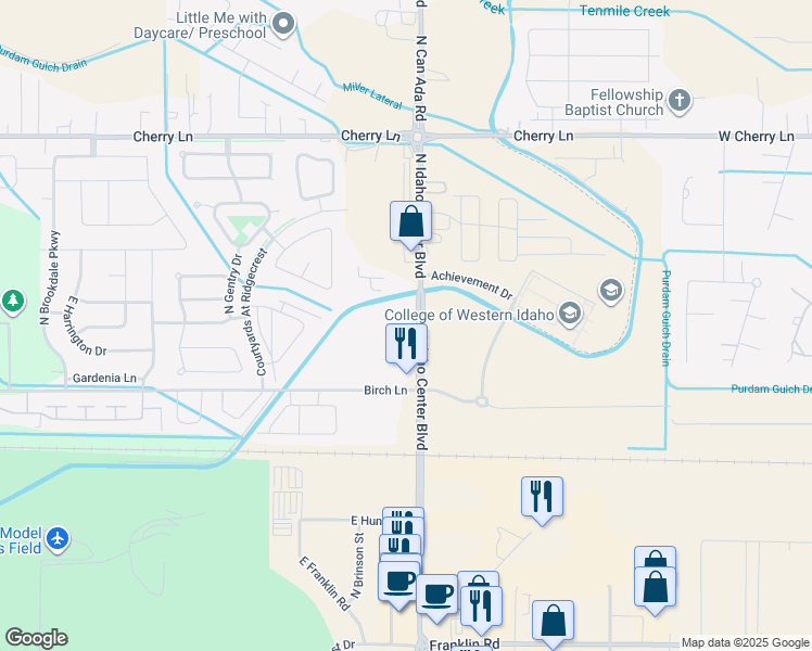 map of restaurants, bars, coffee shops, grocery stores, and more near 16615 North Idaho Center Boulevard in Nampa
