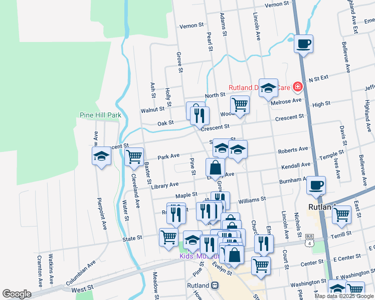 map of restaurants, bars, coffee shops, grocery stores, and more near 97 Park Ave in Rutland