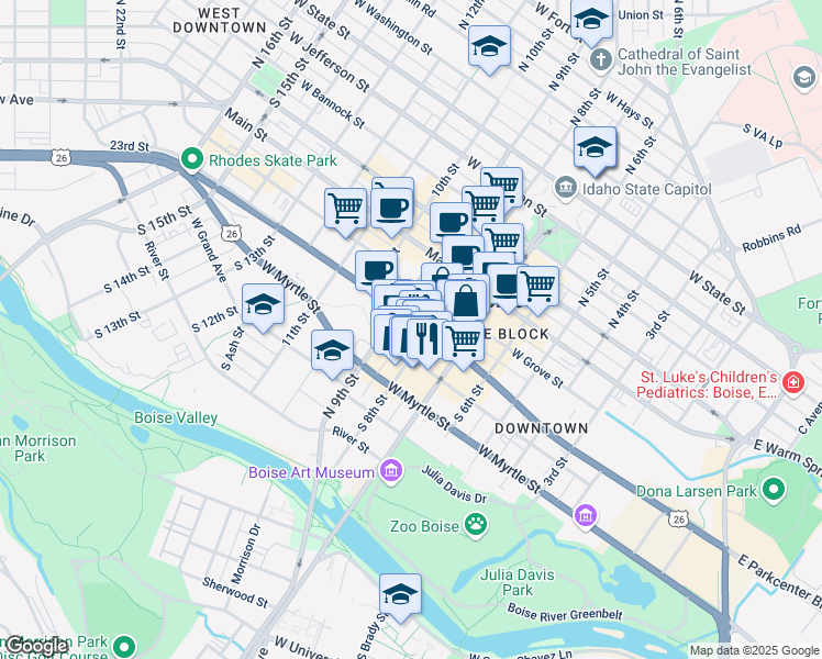 map of restaurants, bars, coffee shops, grocery stores, and more near 321 South 8th Street in Boise
