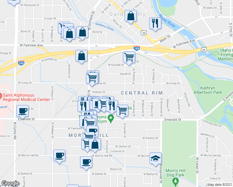 map of restaurants, bars, coffee shops, grocery stores, and more near 4623 Holmes Street in Boise