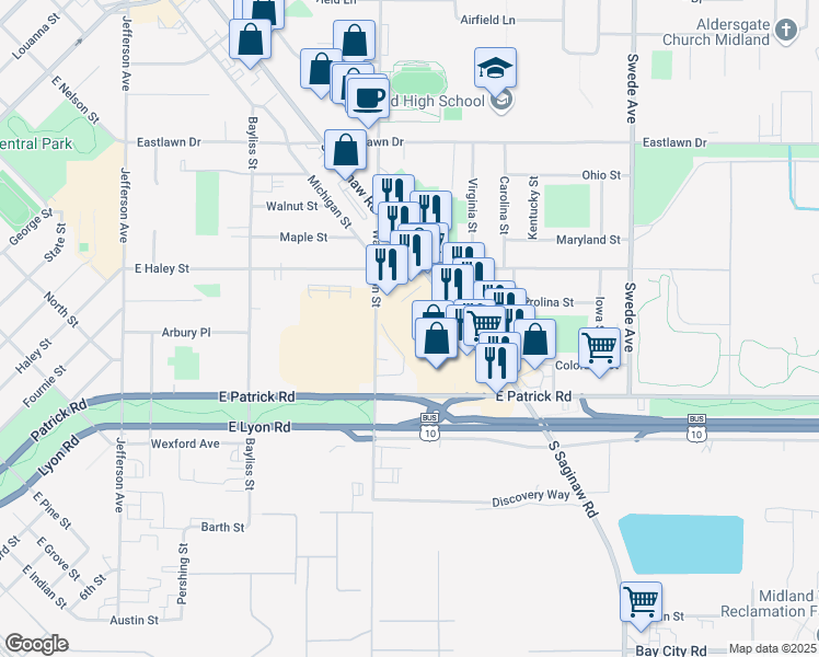 map of restaurants, bars, coffee shops, grocery stores, and more near 1820 South Saginaw Road in Midland