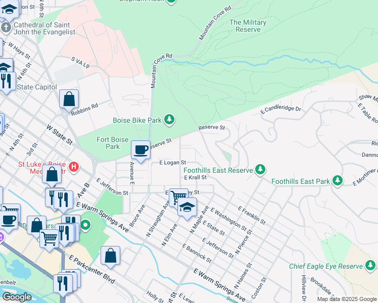 map of restaurants, bars, coffee shops, grocery stores, and more near 670 North Avenue H in Boise
