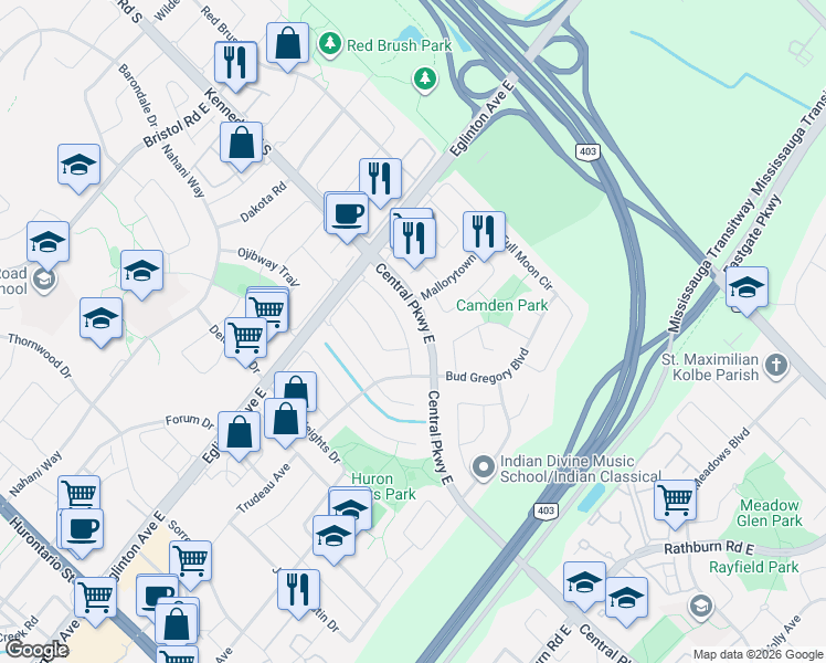 map of restaurants, bars, coffee shops, grocery stores, and more near 4844 Owl Circle in Mississauga
