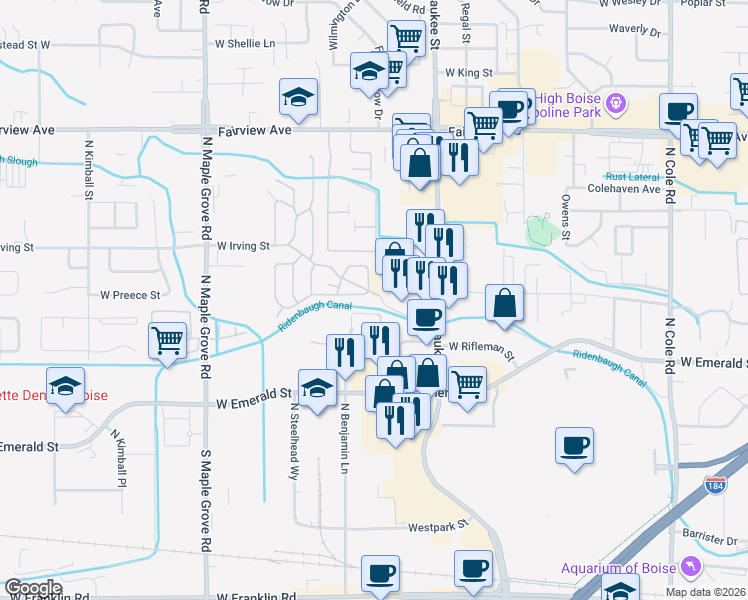map of restaurants, bars, coffee shops, grocery stores, and more near 8453 West Antelope Lane in Boise