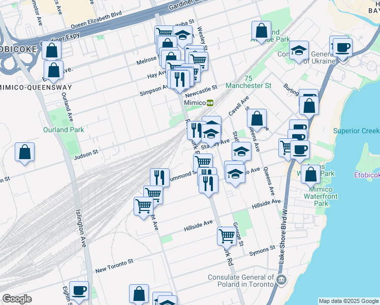 map of restaurants, bars, coffee shops, grocery stores, and more near in Toronto