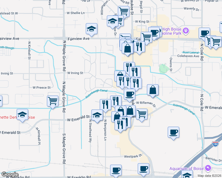 map of restaurants, bars, coffee shops, grocery stores, and more near 8453 West Antelope Lane in Boise