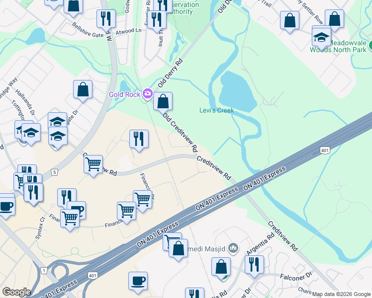 map of restaurants, bars, coffee shops, grocery stores, and more near 1359 Spring Garden Court in Mississauga