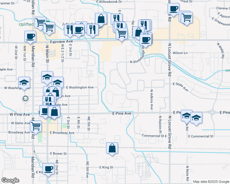 map of restaurants, bars, coffee shops, grocery stores, and more near 996 East Ashford Street in Meridian