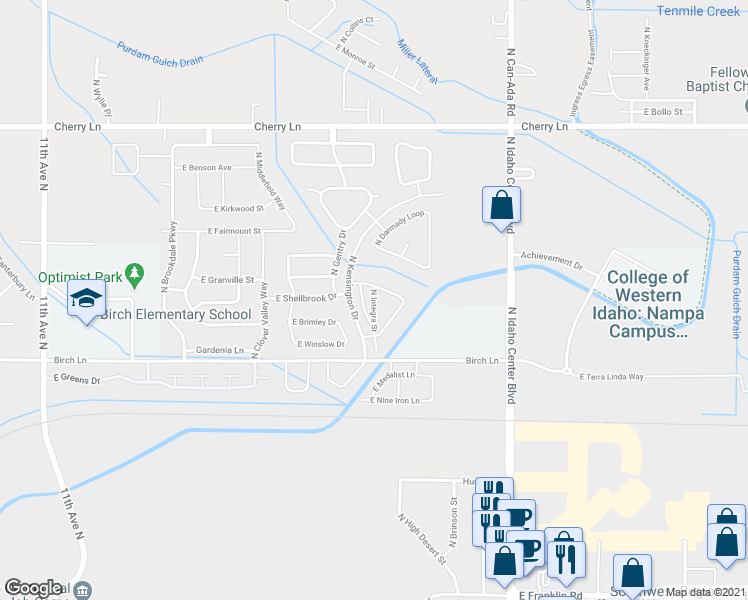map of restaurants, bars, coffee shops, grocery stores, and more near 16609 North Integra Street in Nampa