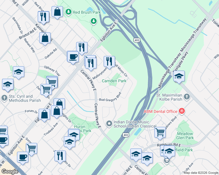 map of restaurants, bars, coffee shops, grocery stores, and more near 482 Camden Circle in Mississauga