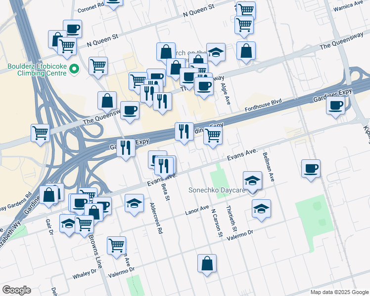 map of restaurants, bars, coffee shops, grocery stores, and more near 111 Brockhouse Road in Toronto