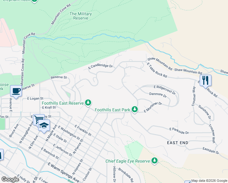 map of restaurants, bars, coffee shops, grocery stores, and more near 1467 Rimrock Court in Boise
