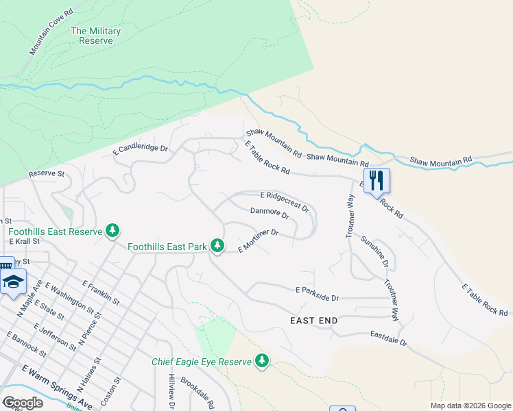 map of restaurants, bars, coffee shops, grocery stores, and more near 1906 Danmore Drive in Boise