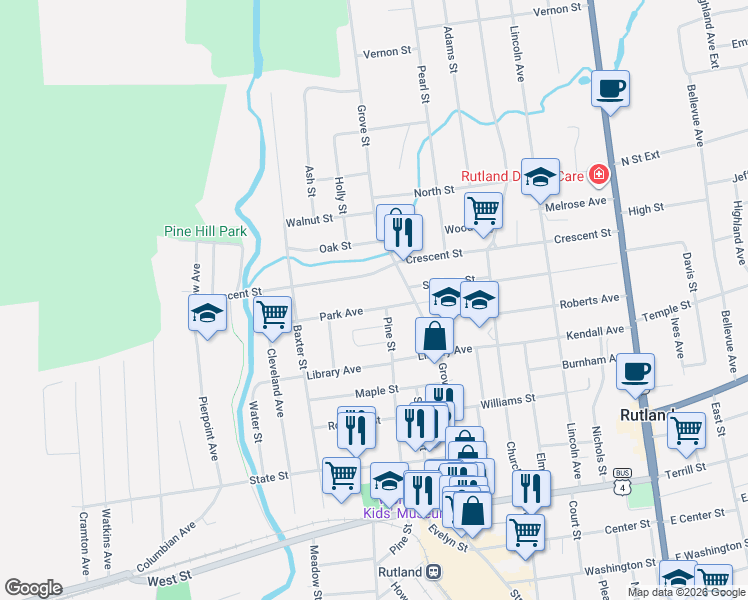 map of restaurants, bars, coffee shops, grocery stores, and more near 97 Park Avenue in Rutland
