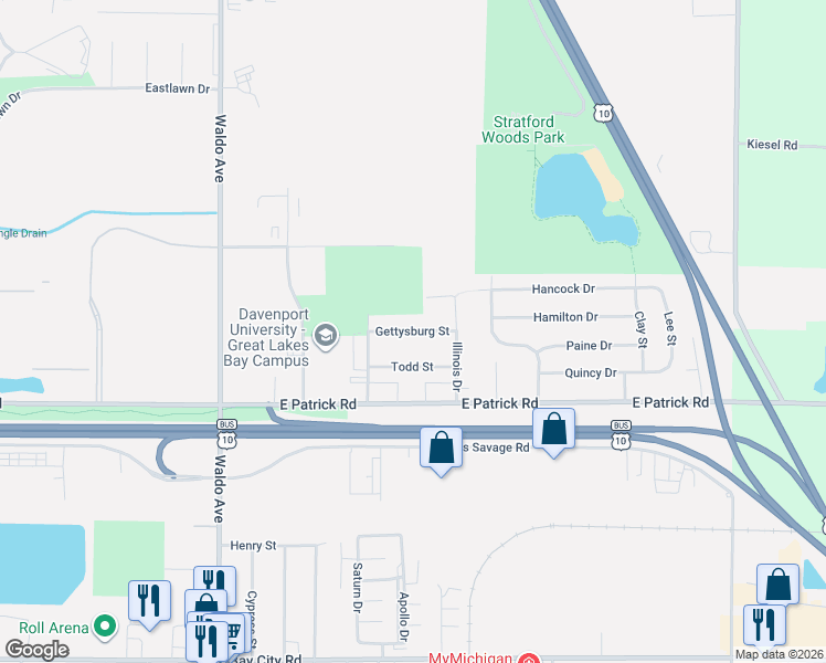 map of restaurants, bars, coffee shops, grocery stores, and more near 3824 Gettysburg Street in Midland