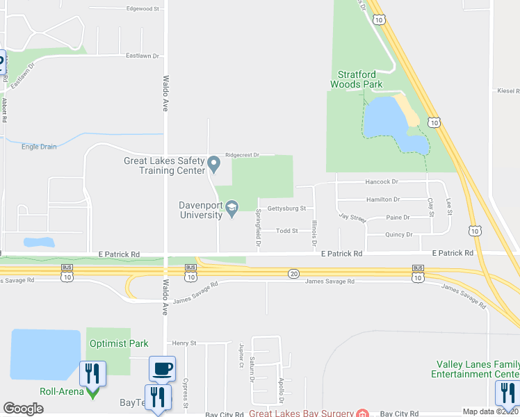 map of restaurants, bars, coffee shops, grocery stores, and more near 3803 Gettysburg Street in Midland
