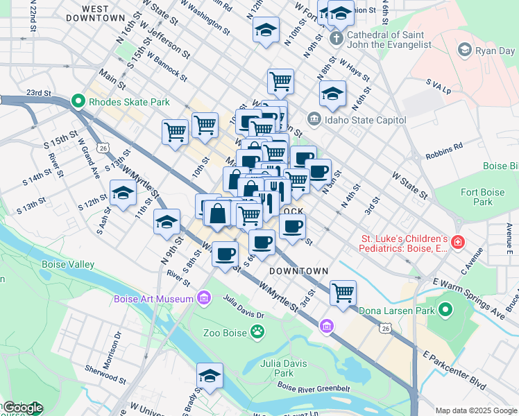 map of restaurants, bars, coffee shops, grocery stores, and more near in Boise