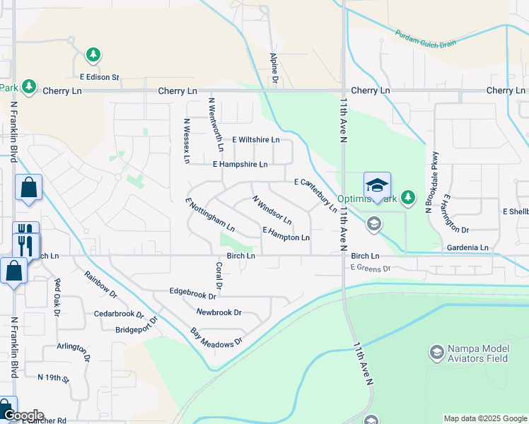 map of restaurants, bars, coffee shops, grocery stores, and more near 16647 North Windsor Lane in Nampa