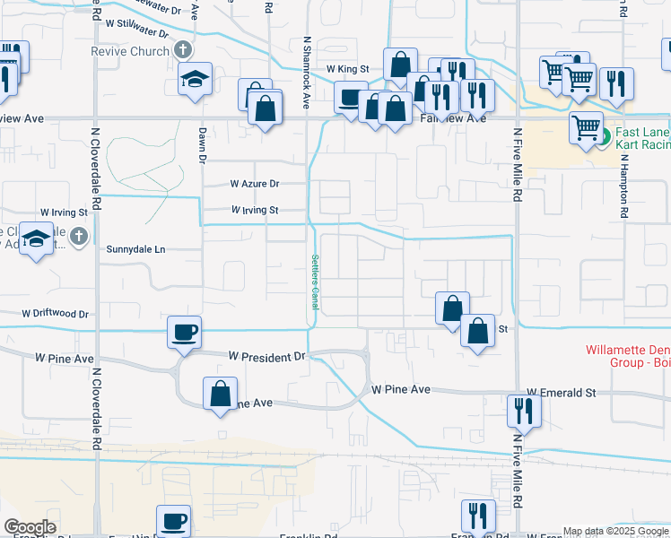 map of restaurants, bars, coffee shops, grocery stores, and more near 638 Timathy Road in Boise