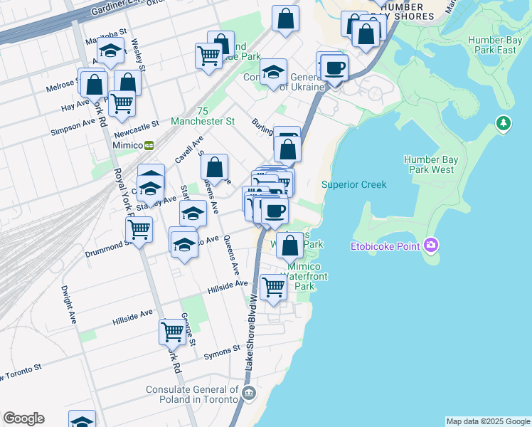map of restaurants, bars, coffee shops, grocery stores, and more near 1 Primrose Avenue in Toronto