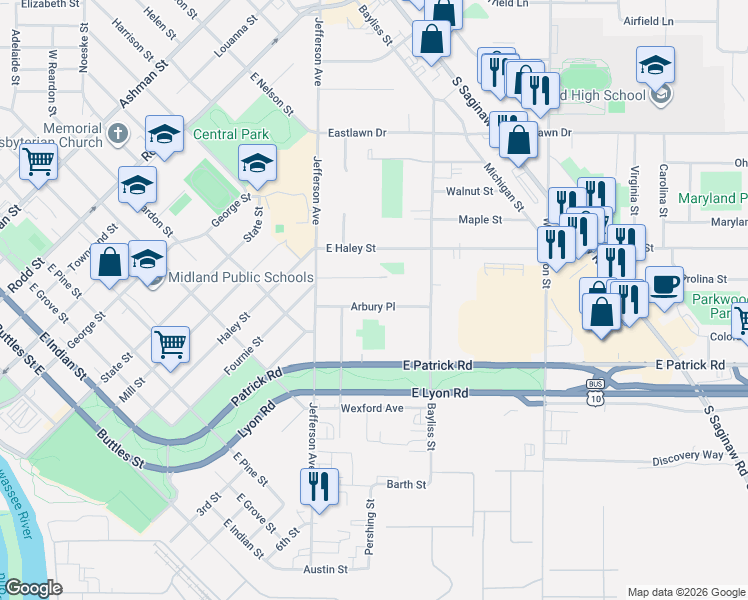 map of restaurants, bars, coffee shops, grocery stores, and more near 224 Arbury Place in Midland