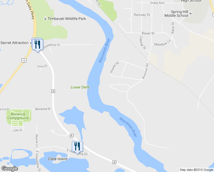 map of restaurants, bars, coffee shops, grocery stores, and more near 103 Bowman Road in Wisconsin Dells