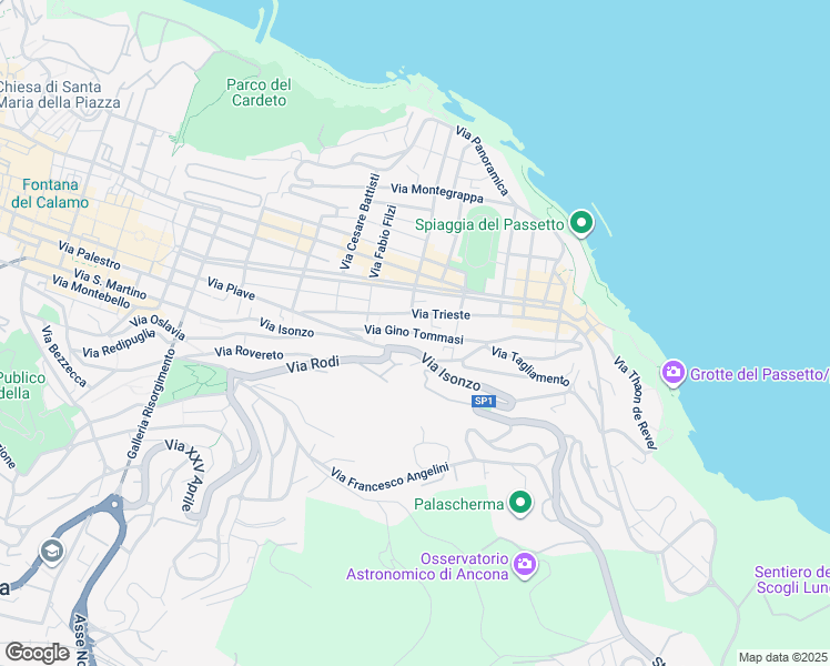 map of restaurants, bars, coffee shops, grocery stores, and more near 65 Via Isonzo in Ancona