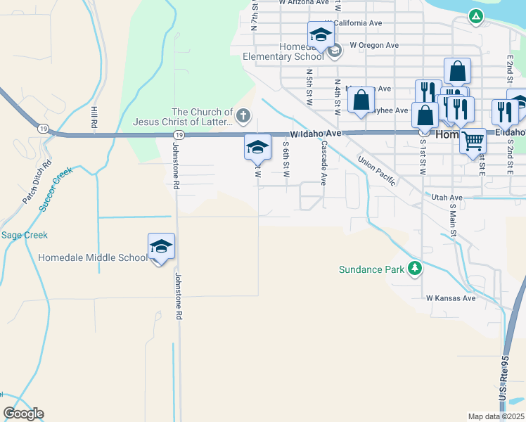 map of restaurants, bars, coffee shops, grocery stores, and more near 407 South 7th Street West in Homedale