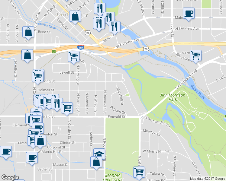 map of restaurants, bars, coffee shops, grocery stores, and more near 1125 Balsam Street in Boise