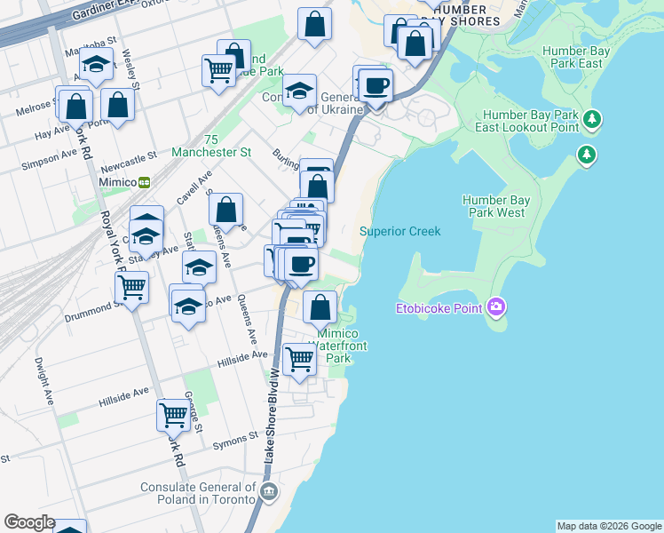 map of restaurants, bars, coffee shops, grocery stores, and more near 4 Superior Avenue in Toronto