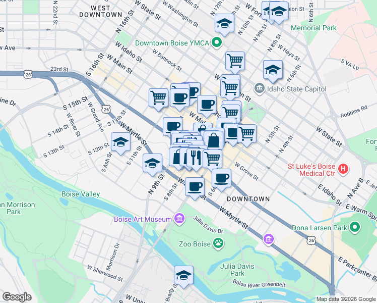 map of restaurants, bars, coffee shops, grocery stores, and more near 328 South 8th Street in Boise
