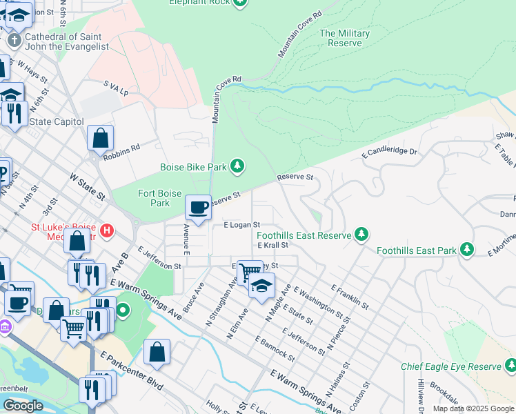 map of restaurants, bars, coffee shops, grocery stores, and more near 670 Avenue H in Boise