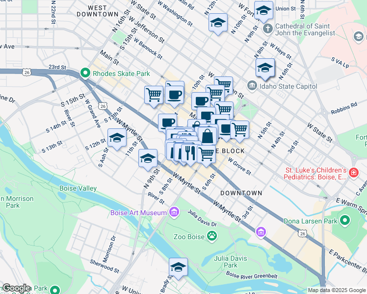 map of restaurants, bars, coffee shops, grocery stores, and more near 321 South 8th Street in Boise