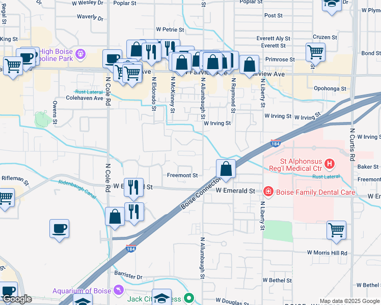 map of restaurants, bars, coffee shops, grocery stores, and more near 6939 West Preece Lane in Boise