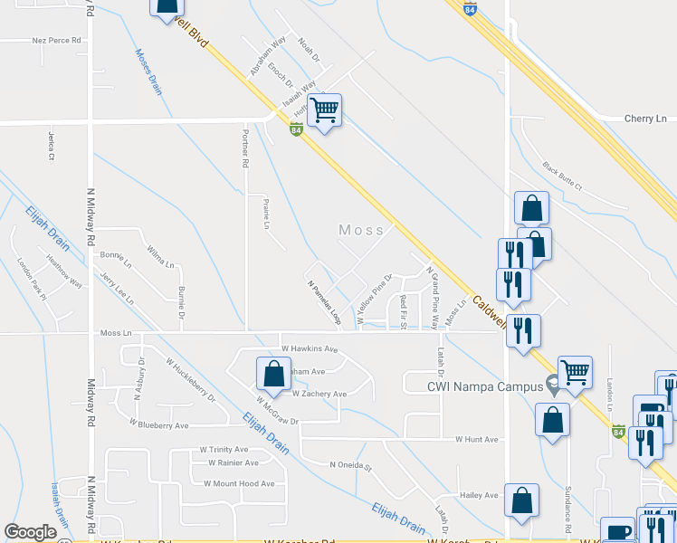 map of restaurants, bars, coffee shops, grocery stores, and more near 11399 West Pamelas Lane in Nampa