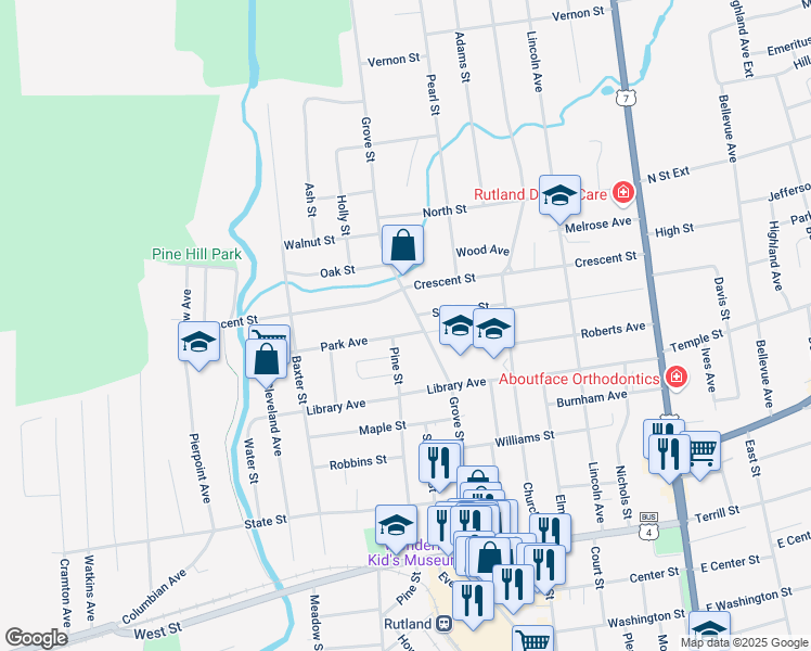 map of restaurants, bars, coffee shops, grocery stores, and more near 97 Park Avenue in Rutland