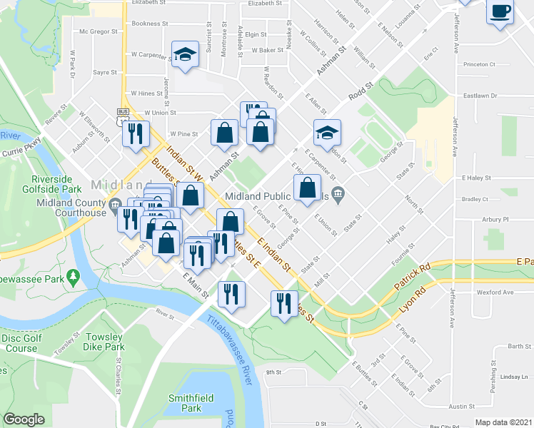 map of restaurants, bars, coffee shops, grocery stores, and more near 414 East Grove Street in Midland