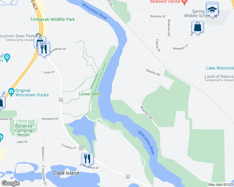 map of restaurants, bars, coffee shops, grocery stores, and more near 103 Bowman Road in Wisconsin Dells