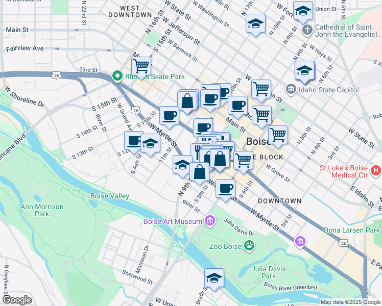 map of restaurants, bars, coffee shops, grocery stores, and more near 1000 West Myrtle Street in Boise