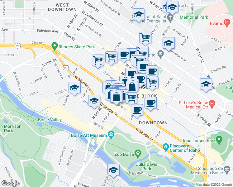 map of restaurants, bars, coffee shops, grocery stores, and more near 321 South 8th Street in Boise