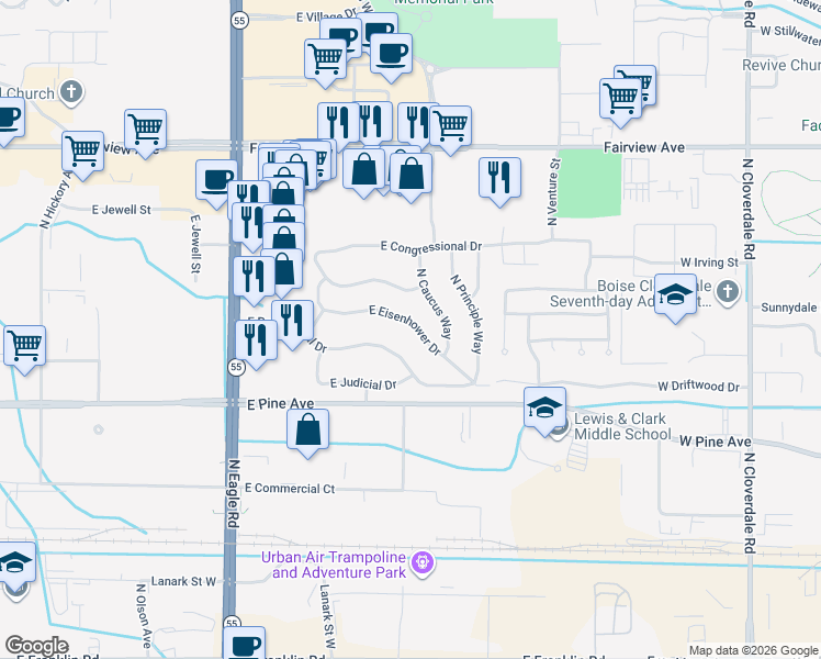 map of restaurants, bars, coffee shops, grocery stores, and more near 3791 East Eisenhower Drive in Meridian