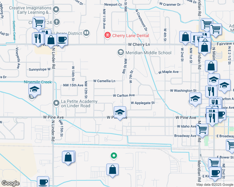map of restaurants, bars, coffee shops, grocery stores, and more near 1041 West 8th Street in Meridian