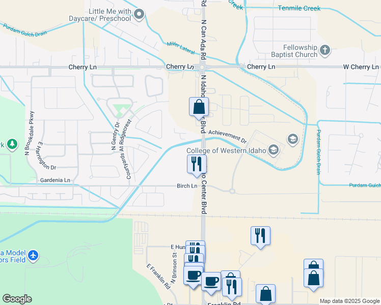 map of restaurants, bars, coffee shops, grocery stores, and more near 16625 North Idaho Center Boulevard in Nampa