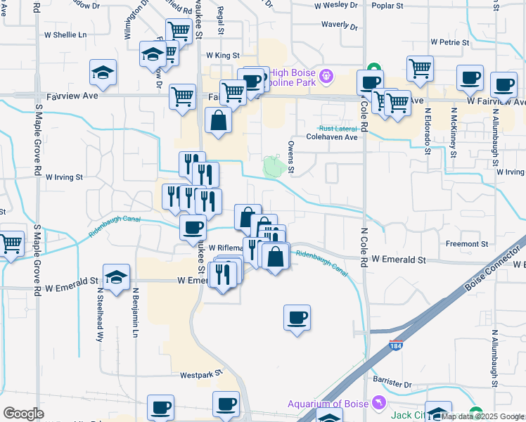 map of restaurants, bars, coffee shops, grocery stores, and more near 7884 West Preece Drive in Boise