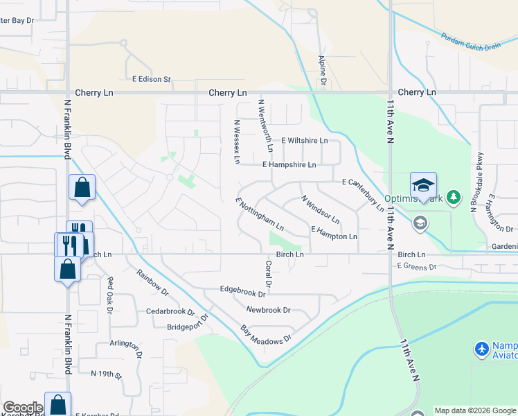 map of restaurants, bars, coffee shops, grocery stores, and more near 7427 East Canterbury Lane in Nampa