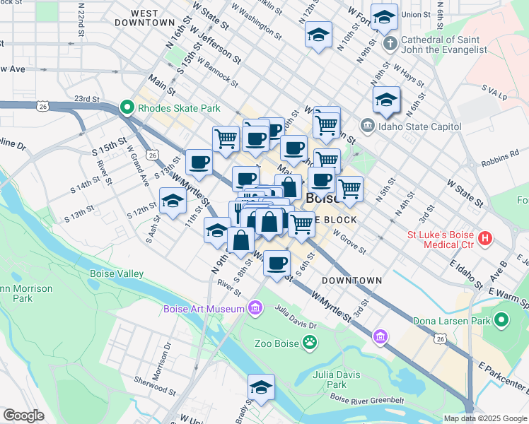 map of restaurants, bars, coffee shops, grocery stores, and more near 851 West Front Street in Boise