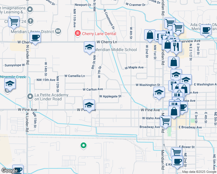 map of restaurants, bars, coffee shops, grocery stores, and more near 551 West Carlton Avenue in Meridian